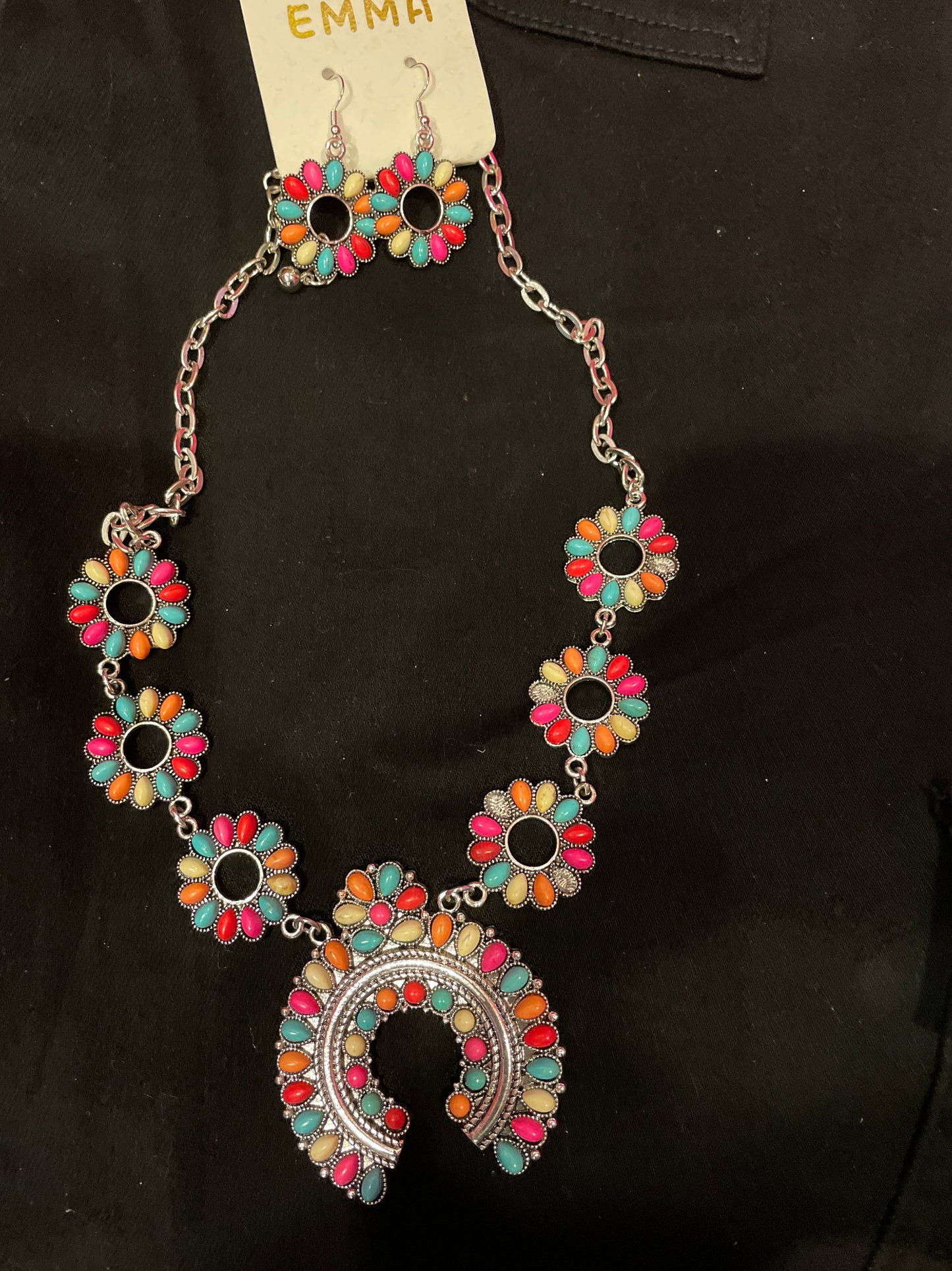 Multi Colored Squash Blossom Necklace and Earring Set