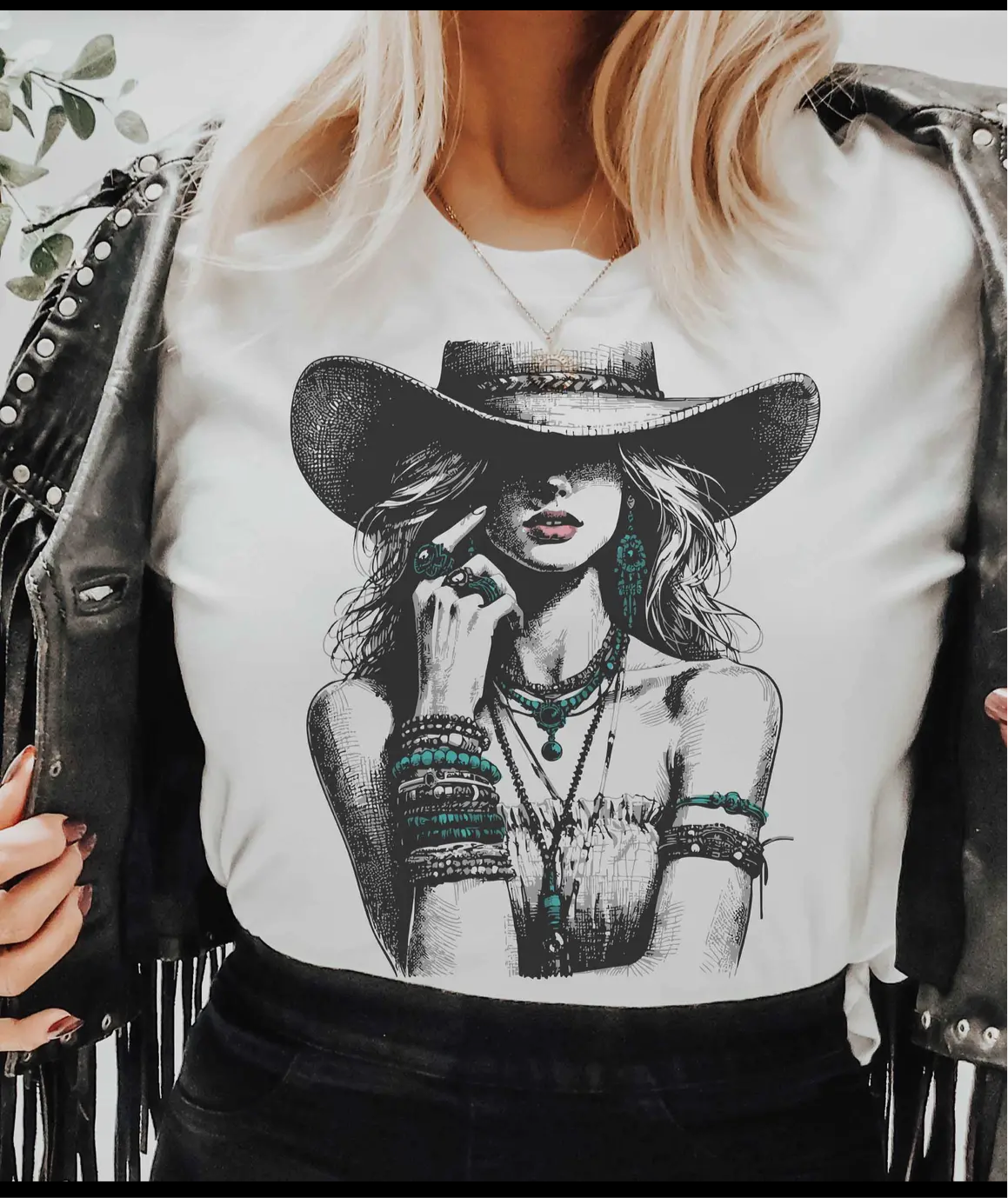 Gray Rhinestone Graphic Tee with Cowgirl and AB stones