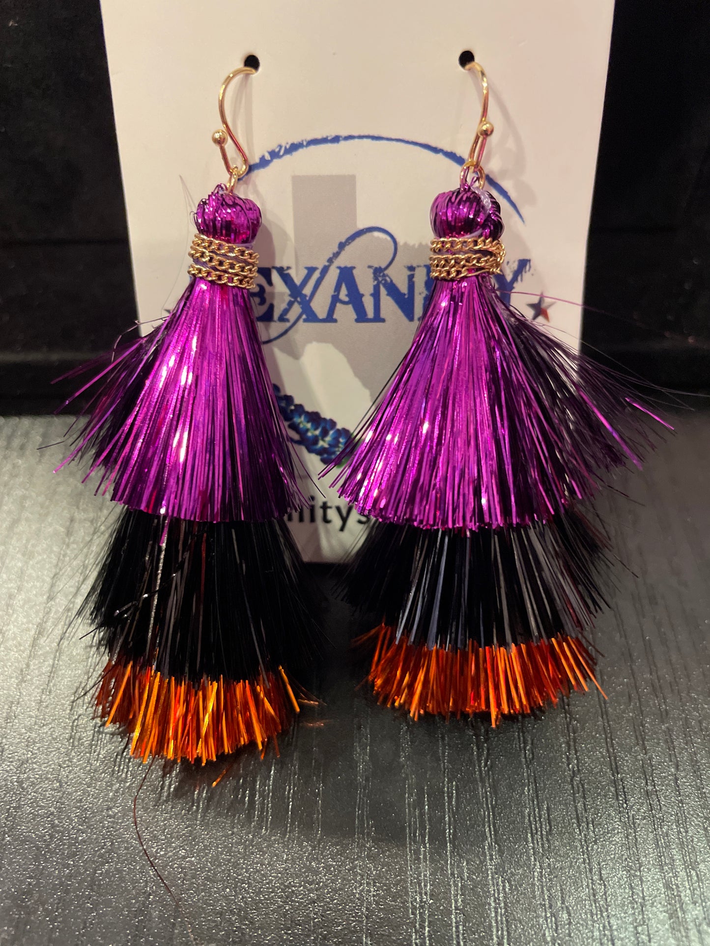 Purple, Orange and Black Tinsel Earrings