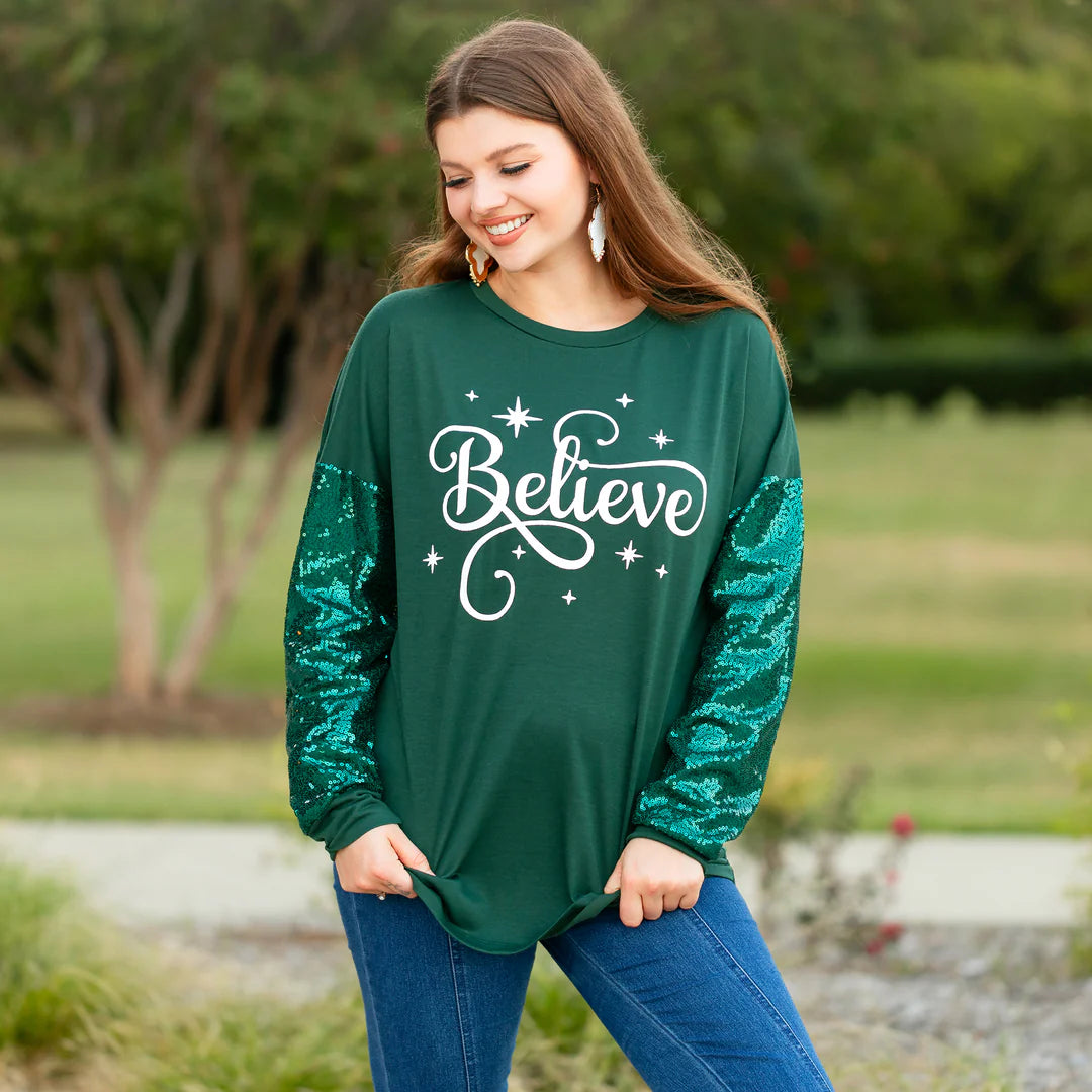 Green Believe Sequin Long Sleeve