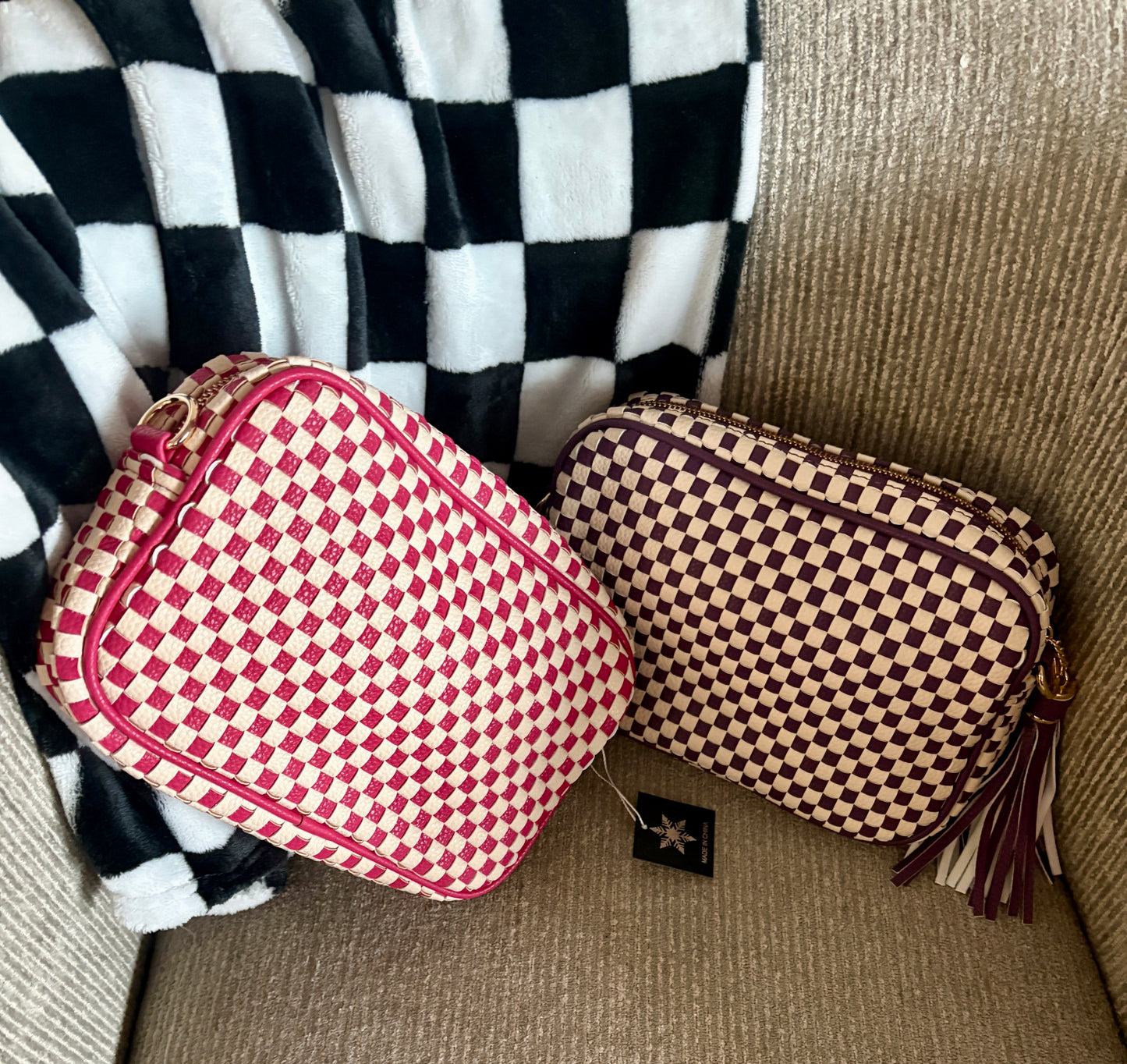 Small Checkered Square Handbag with Tassel