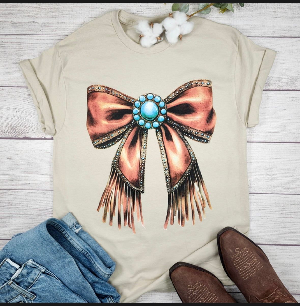 Beige Western Cowboy Bow graphic Tee