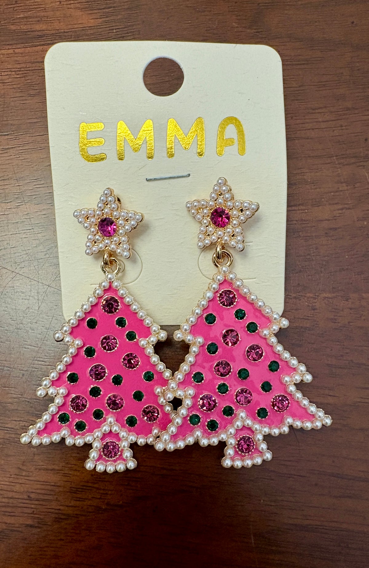Hot Pink Christmas Tree Earrings with Pearl Star