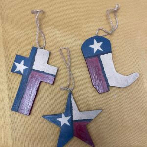 Texas Cross, Star, Boot Christmas ornaments