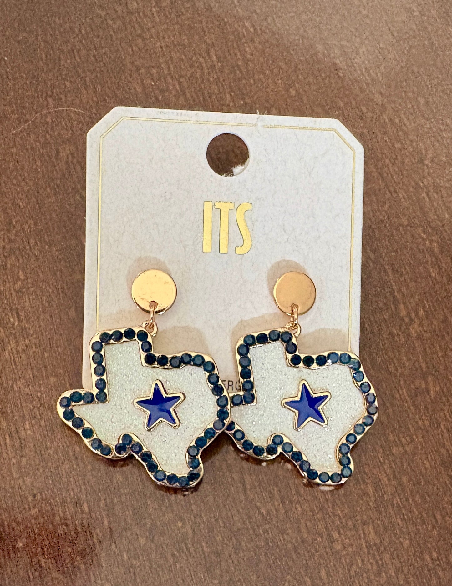 State of Texas Shaped White Earrings with Blue Rhinestone Outline and Star