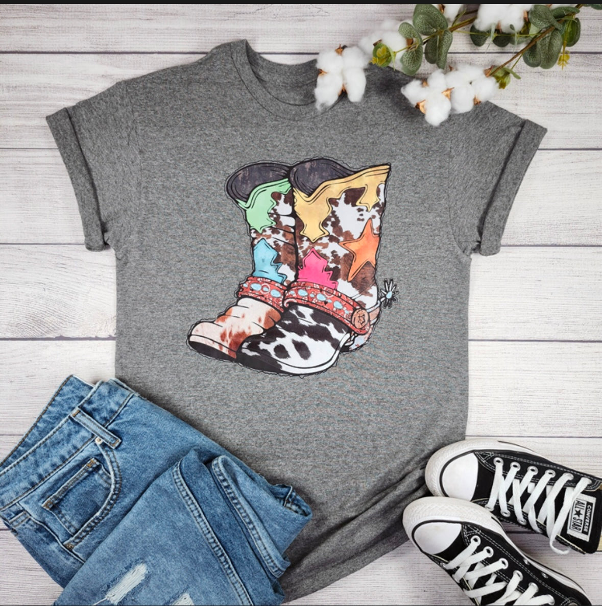 Amber Grey Cow Print Cowboy Boots Tee