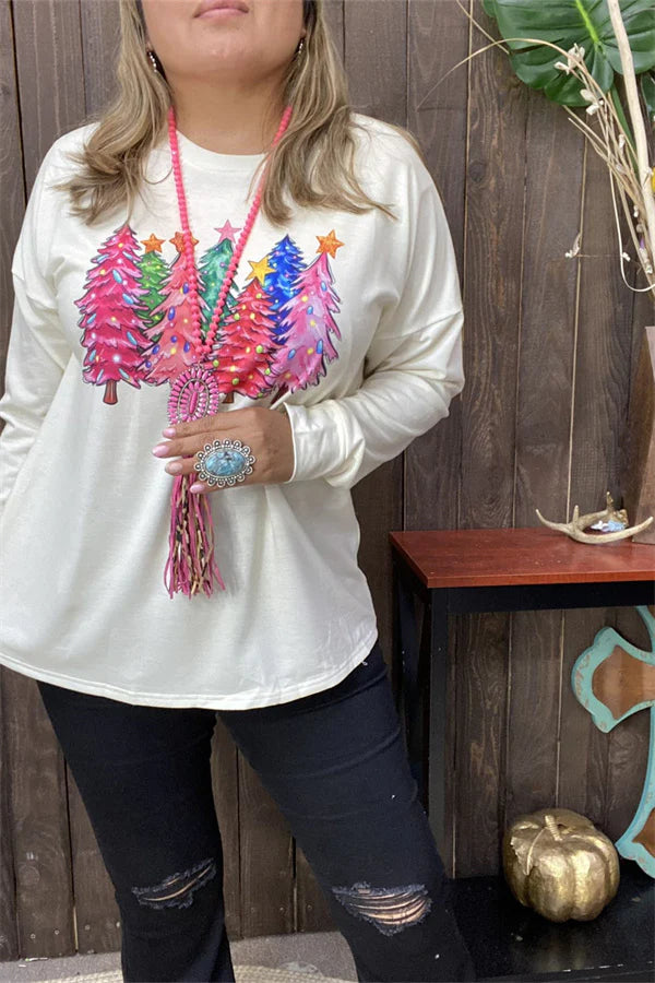 Cream Colored Long Sleeve with Neon Christmas Trees