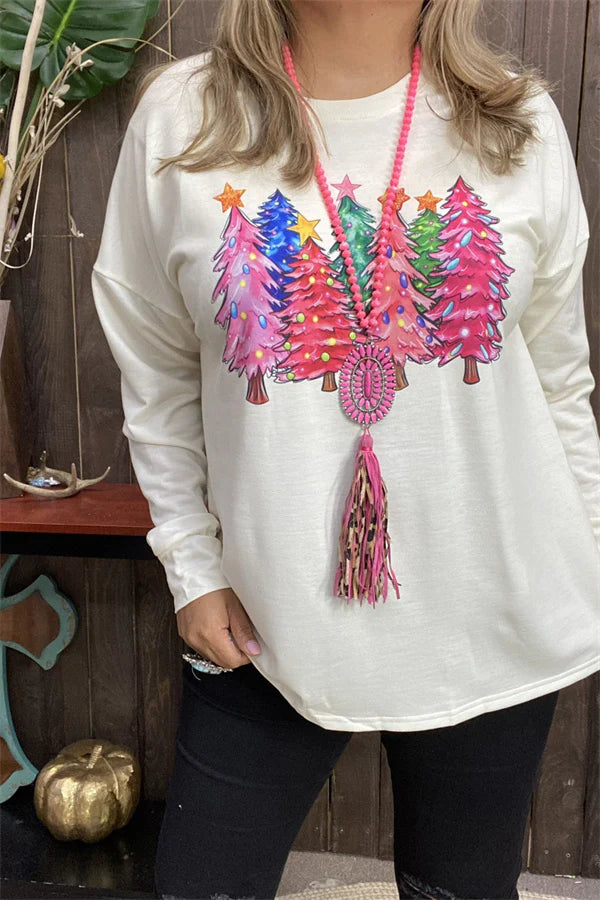 Cream Colored Long Sleeve with Neon Christmas Trees