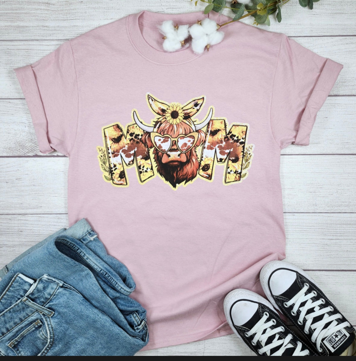 Pink Sunflower MOM Highland Graphic Tee