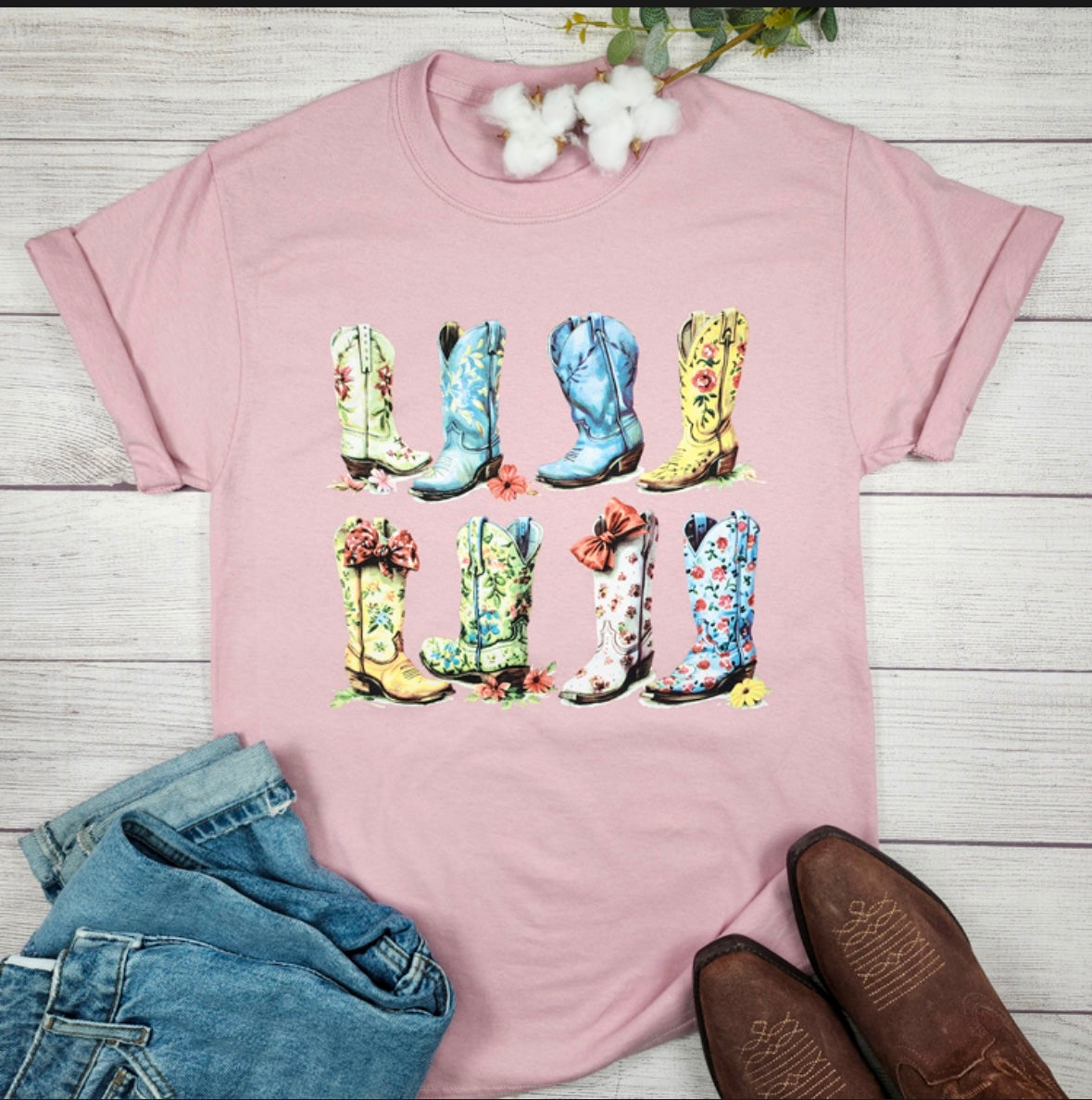 Baby Pink Tee with Floral Cowboy Boots