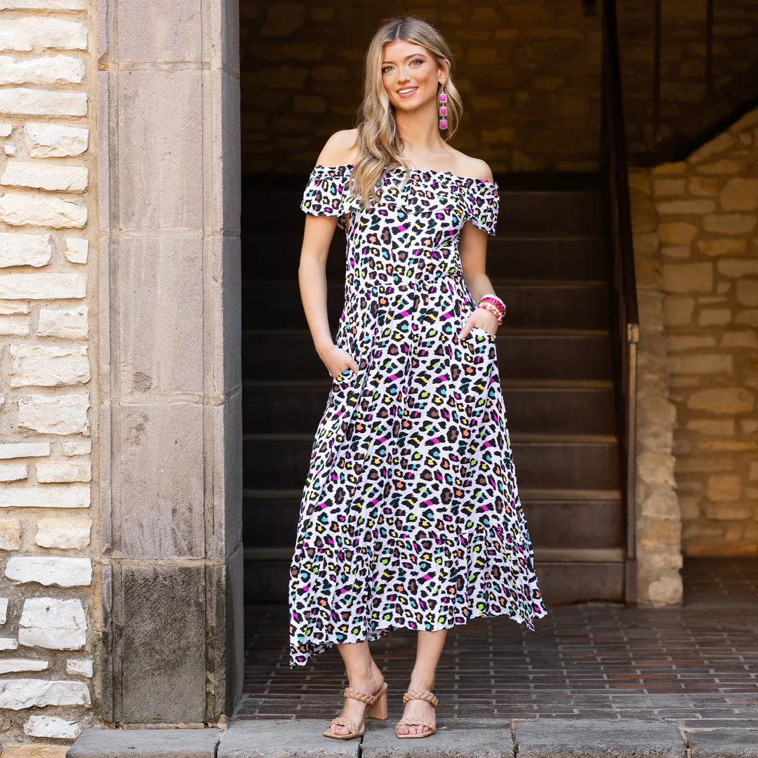 White Multi Leopard Dress with Pockets