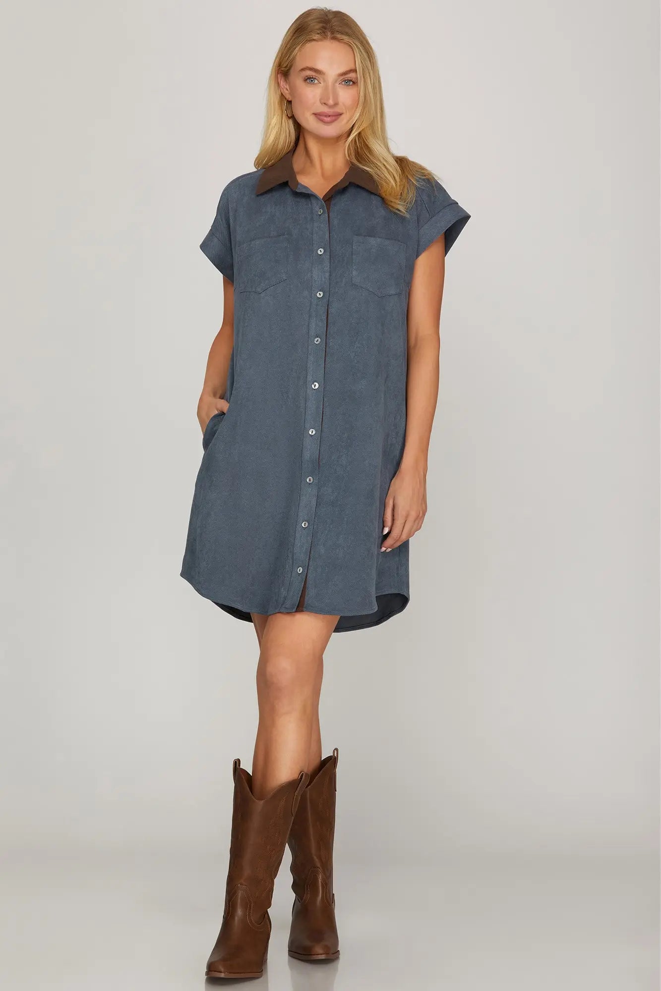 She & Sky Denim and Brown Short Sleeve Button Down Dress with Collar