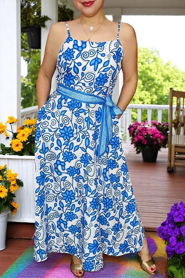 Blue & White Floral Maxi Dress with Pockets