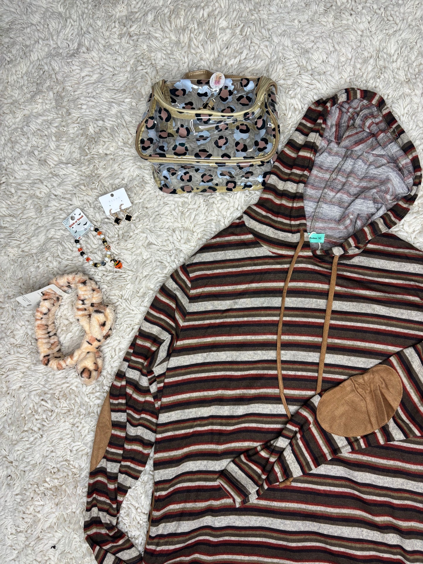 Fall Striped Hoodie with Leather Elbow Pad