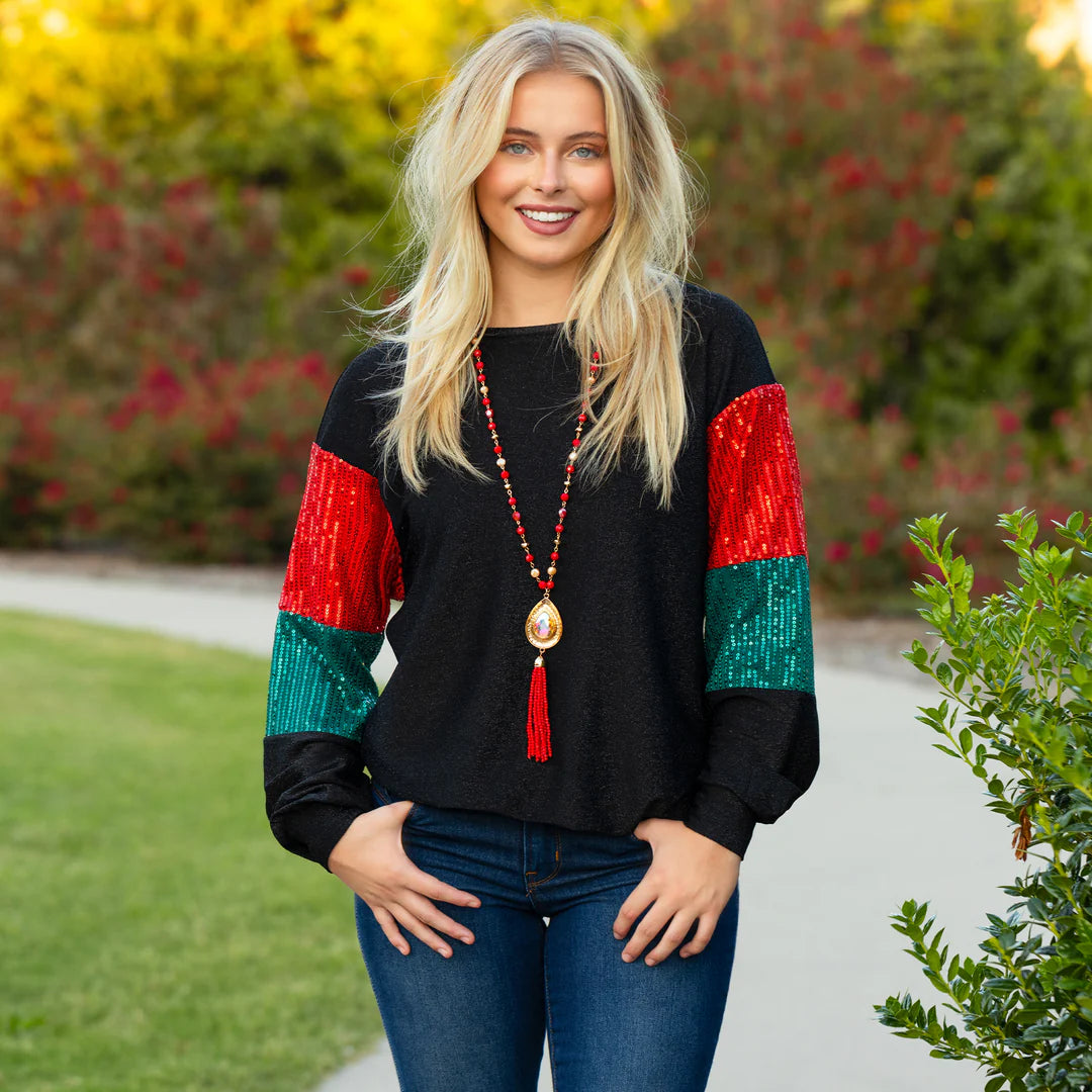 Shimmer Christmas Sequined Blouse with Red and Green Sleeves