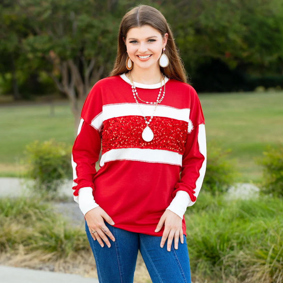 Red & White Color Block Long Sleeve