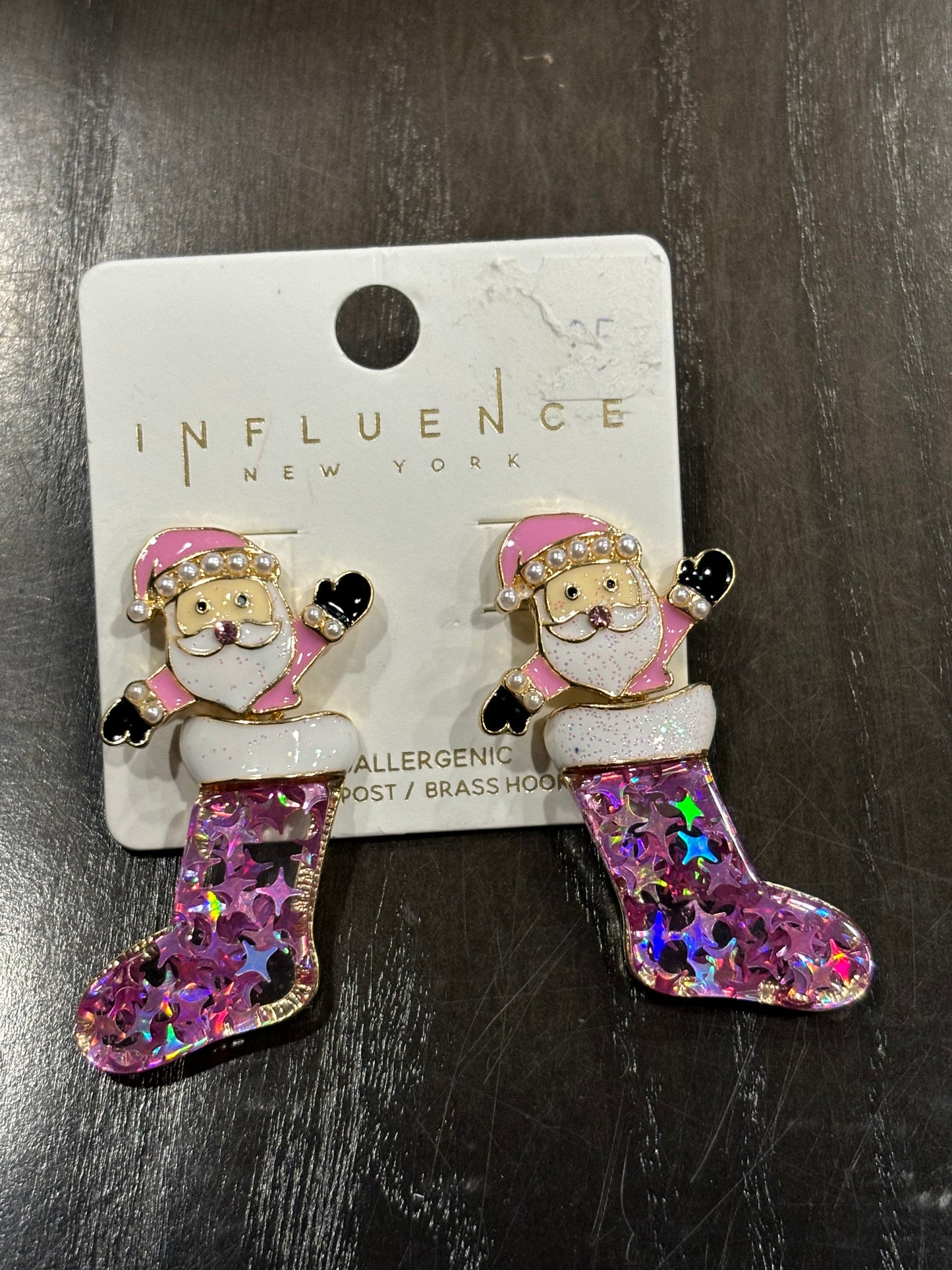 Pink Santa in a Stocking Christmas Earring