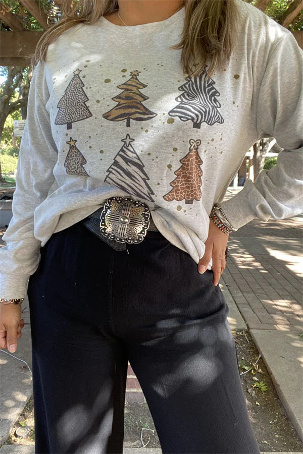 Christmas Tree Sweatshirt Grey and Animal Print