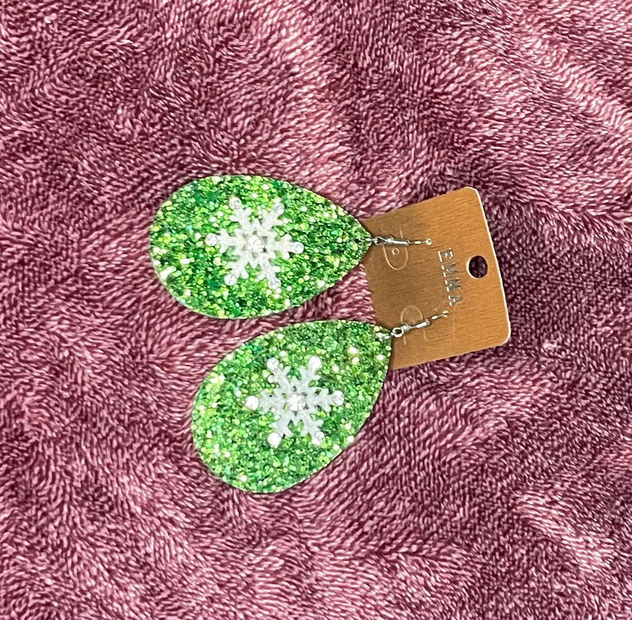 Green Sparkly Snow Flake Christmas Earrings