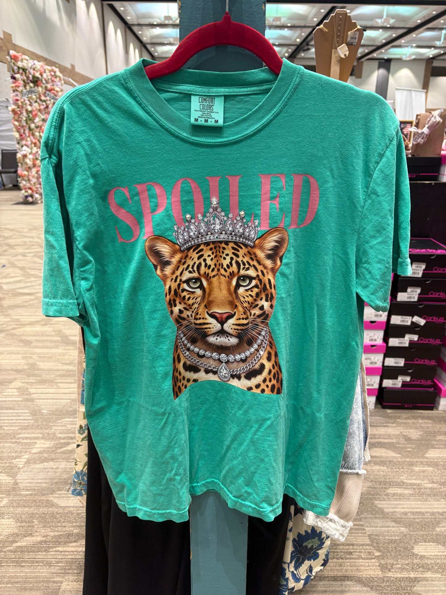 Teal Green “Spoiled” Cheetah Tee with Rhinestones