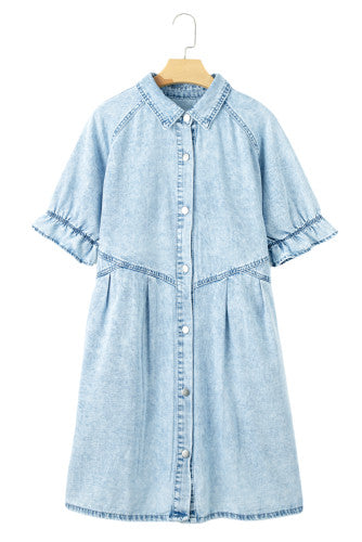 Beau Blue Mineral Wash Ruffled Short Sleeve Denim Dress