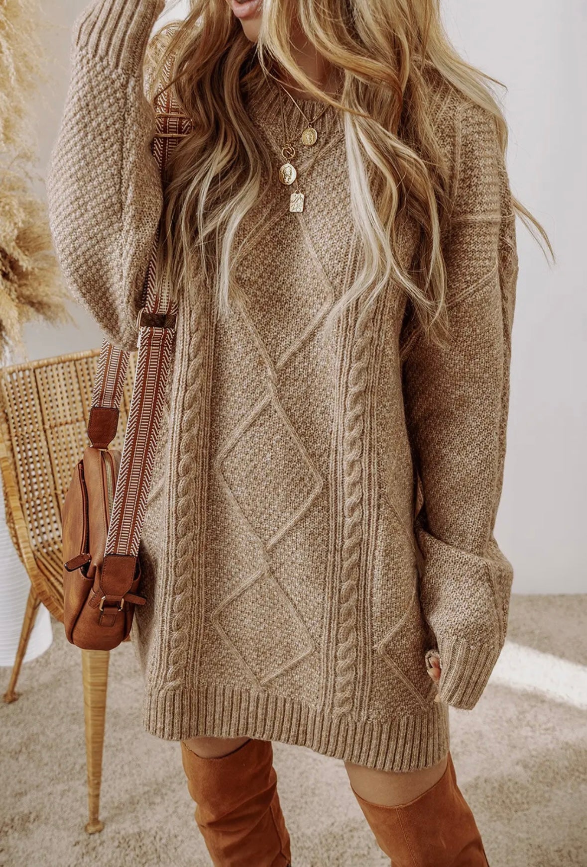 Cable Knit Drop Shoulder Loose Fit Sweater Dress - Parchment