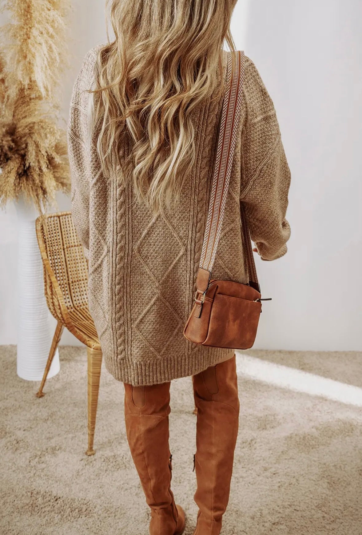 Cable Knit Drop Shoulder Loose Fit Sweater Dress - Parchment