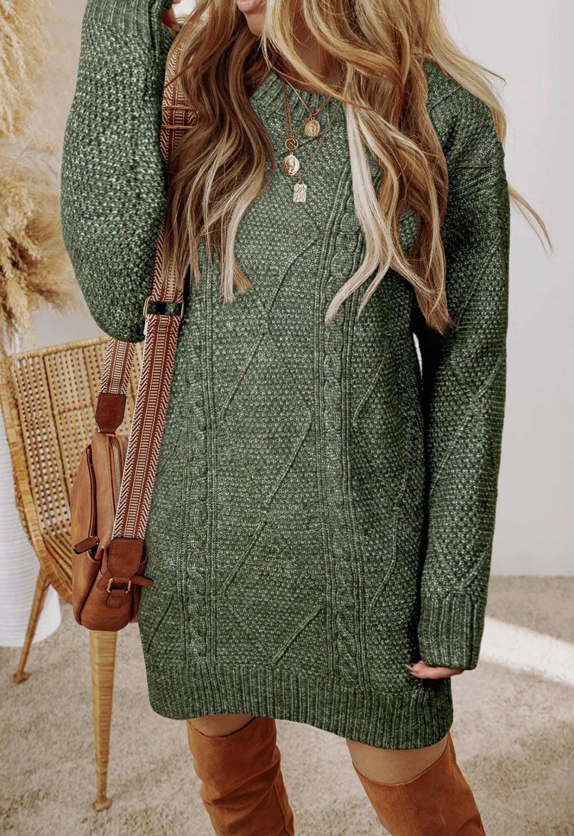 Cable Knit Drop Shoulder Loose Fit Sweater Dress - Green