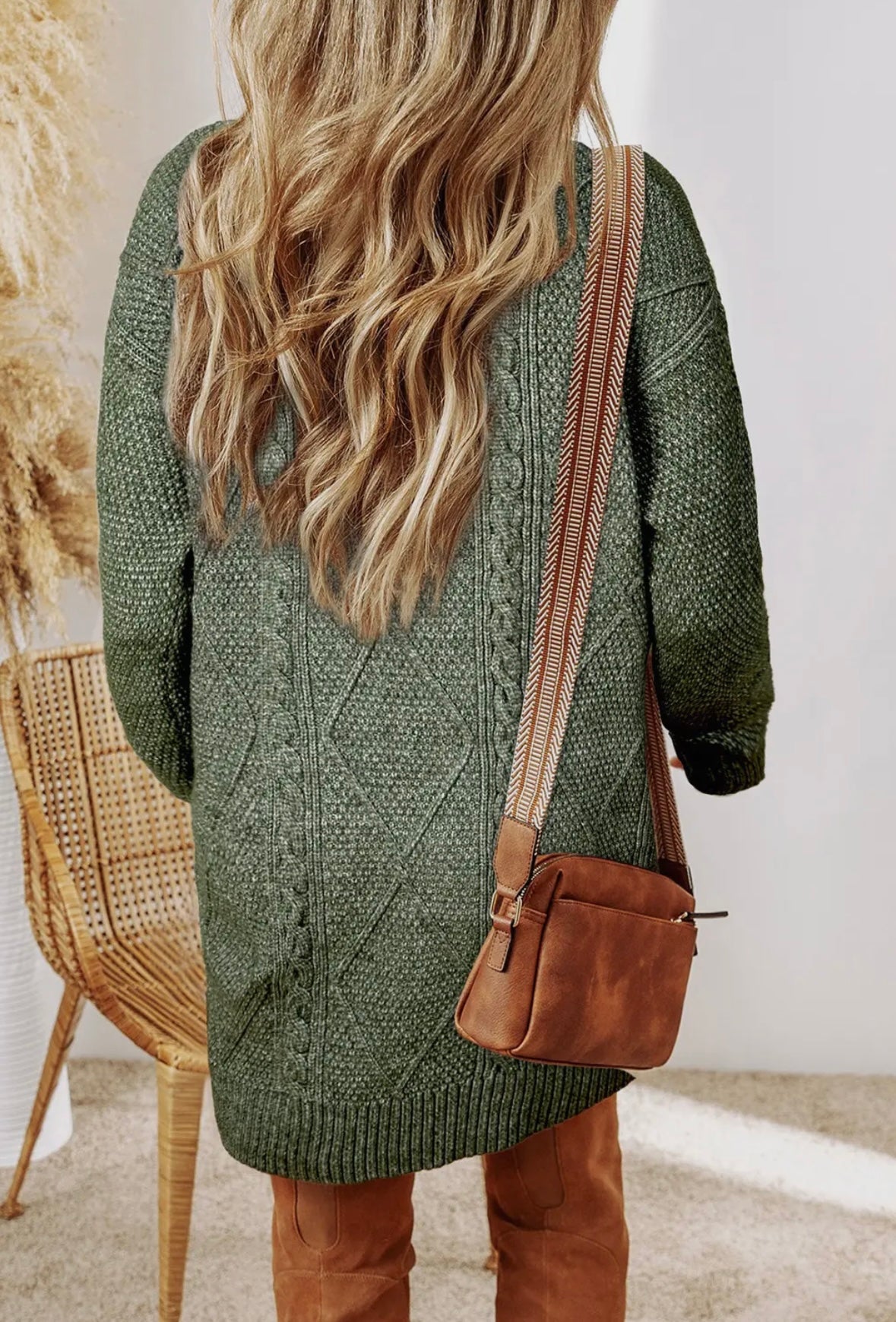 Cable Knit Drop Shoulder Loose Fit Sweater Dress - Green