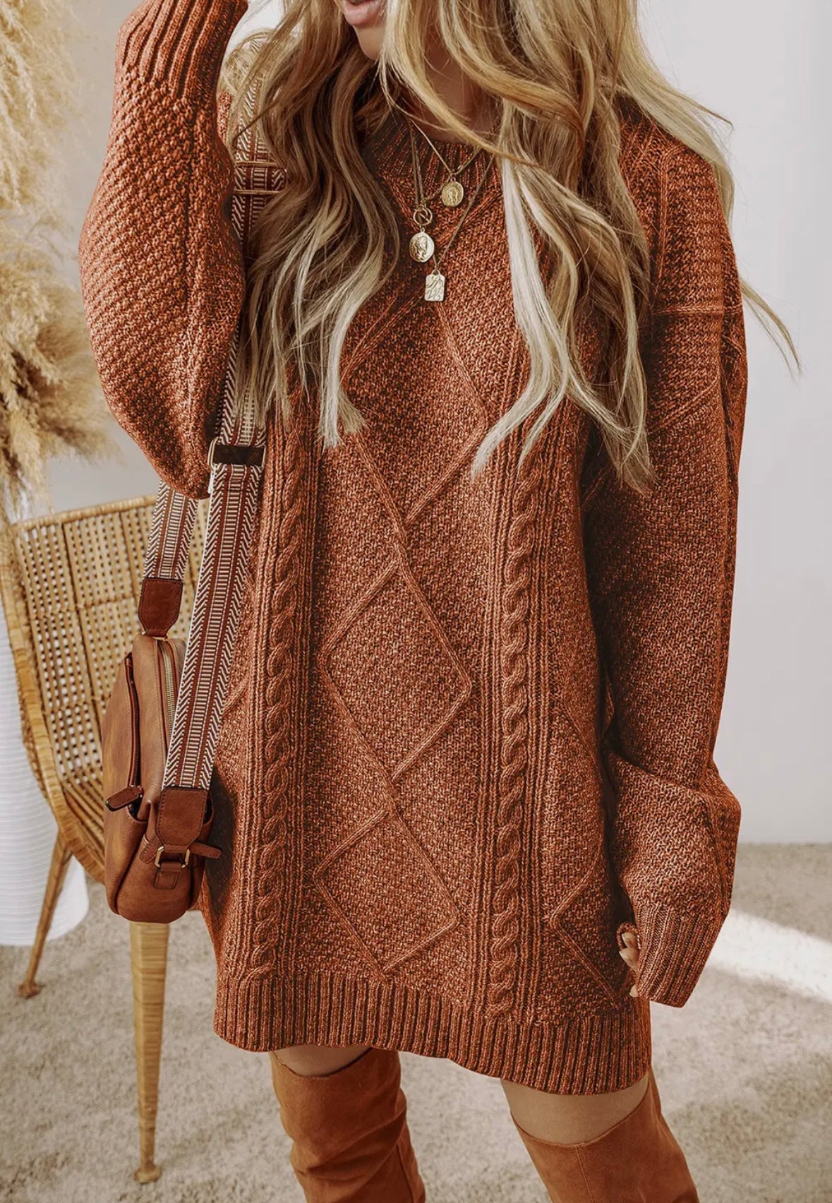 Cable Knit Drop Shoulder Loose Fit Sweater Dress - Coffee