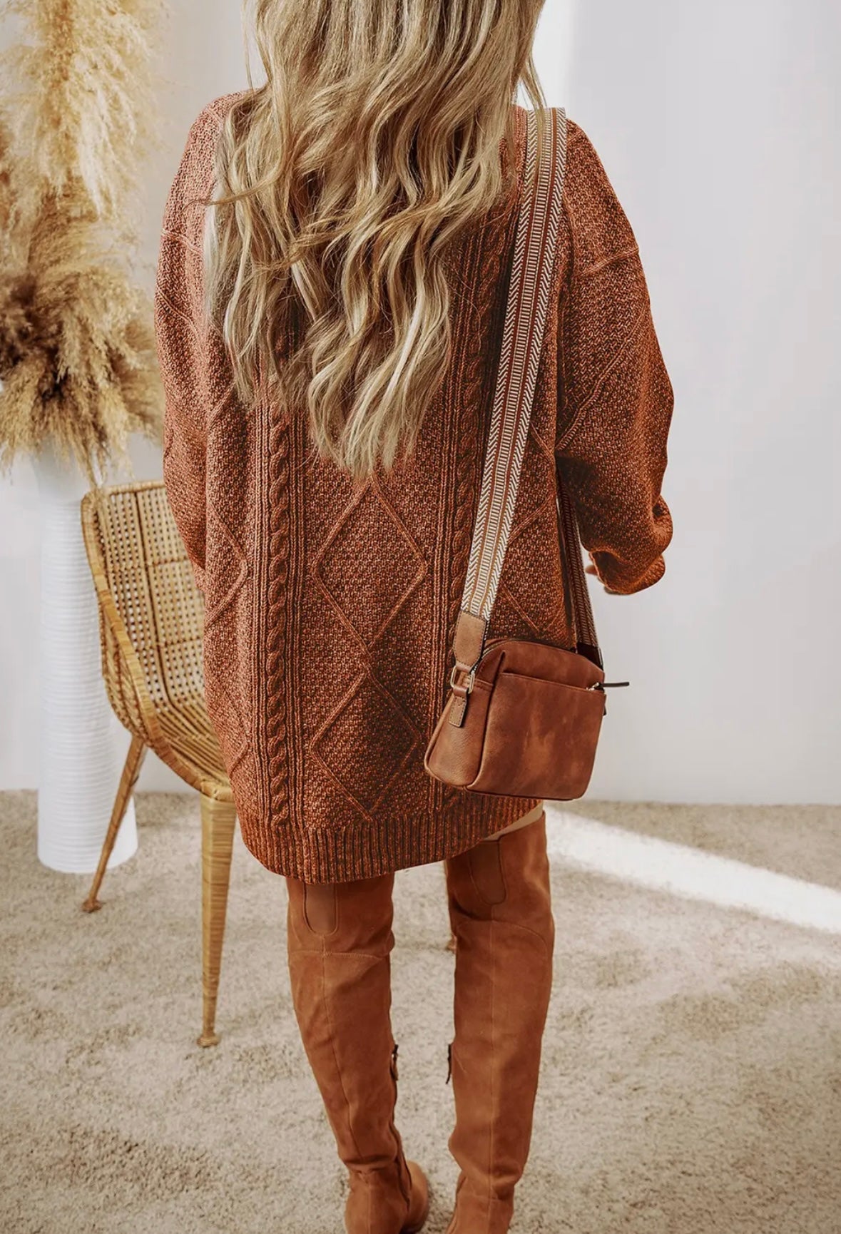 Cable Knit Drop Shoulder Loose Fit Sweater Dress - Coffee