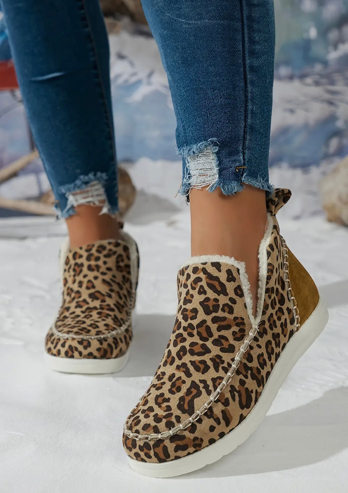 Leopard Print Ankle Patched Flat Winter Fur Boots