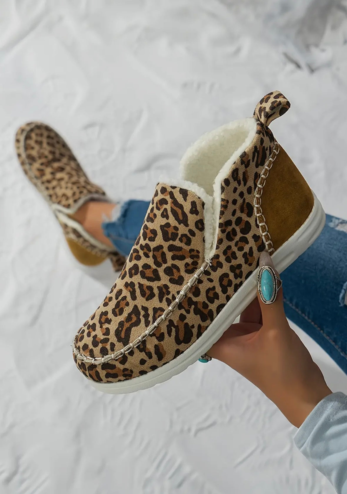 Leopard Print Ankle Patched Flat Winter Fur Boots
