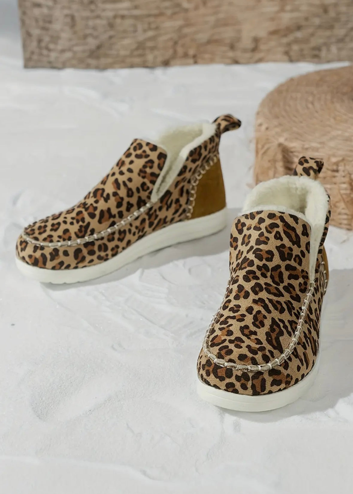 Leopard Print Ankle Patched Flat Winter Fur Boots