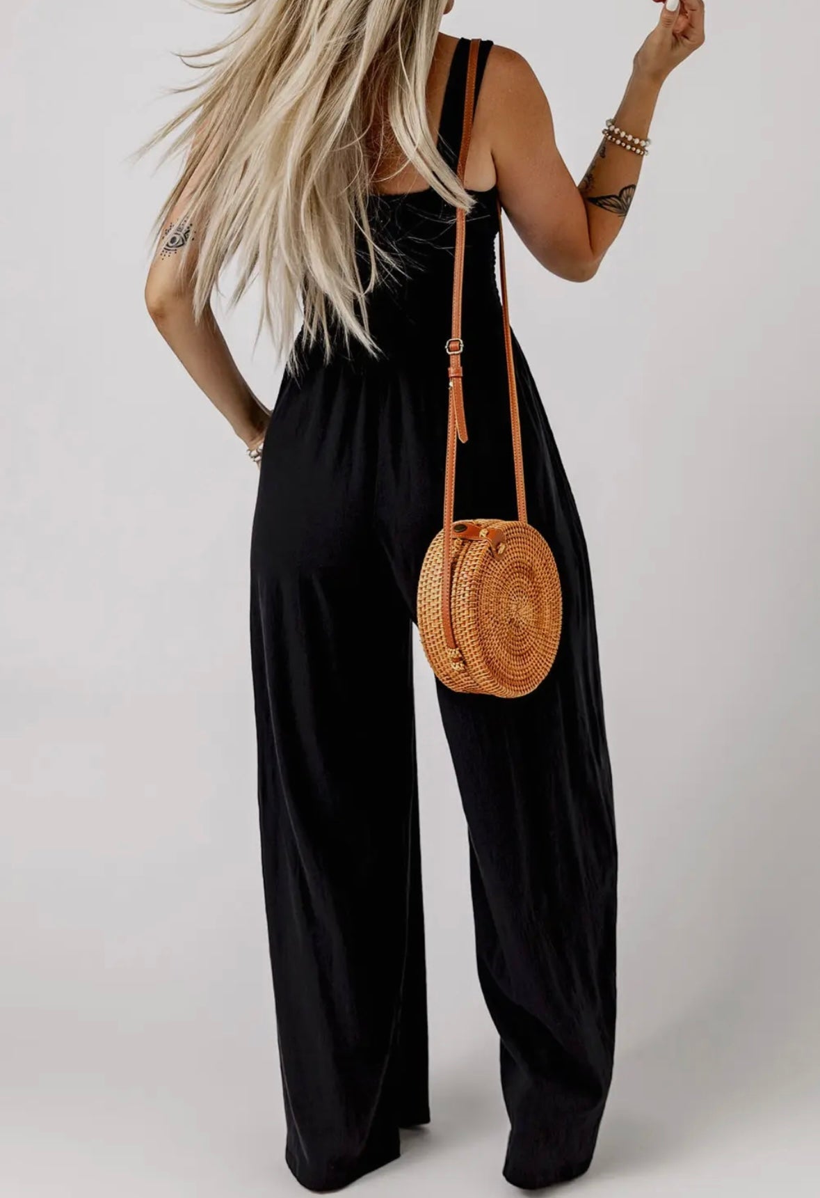 Smocked Tank Wide Leg Jumpsuit with Pockets - Black
