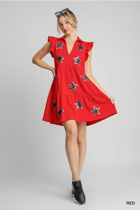 Umgee French Terry Collared Star Mini Dress - Red