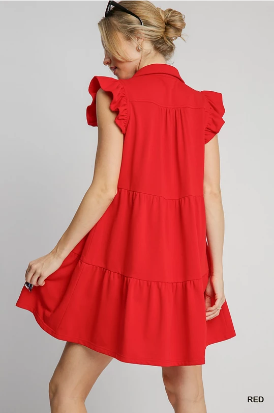 Umgee French Terry Collared Star Mini Dress - Red