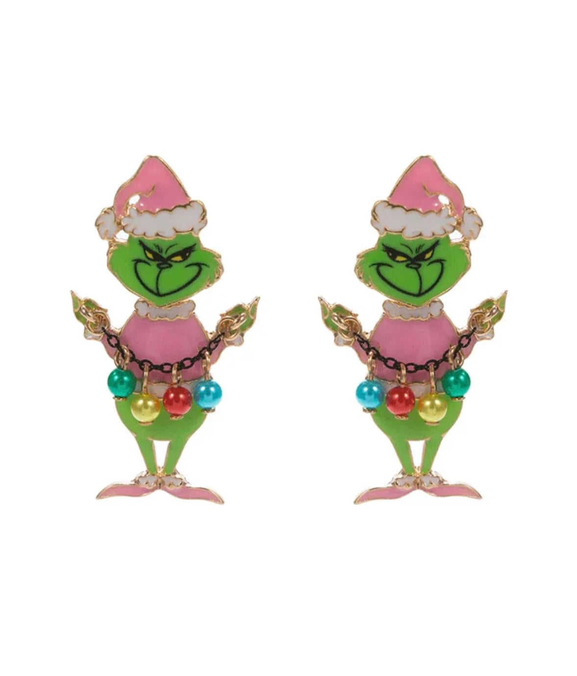 Grinch with Pearl Ornaments Enamel Earrings