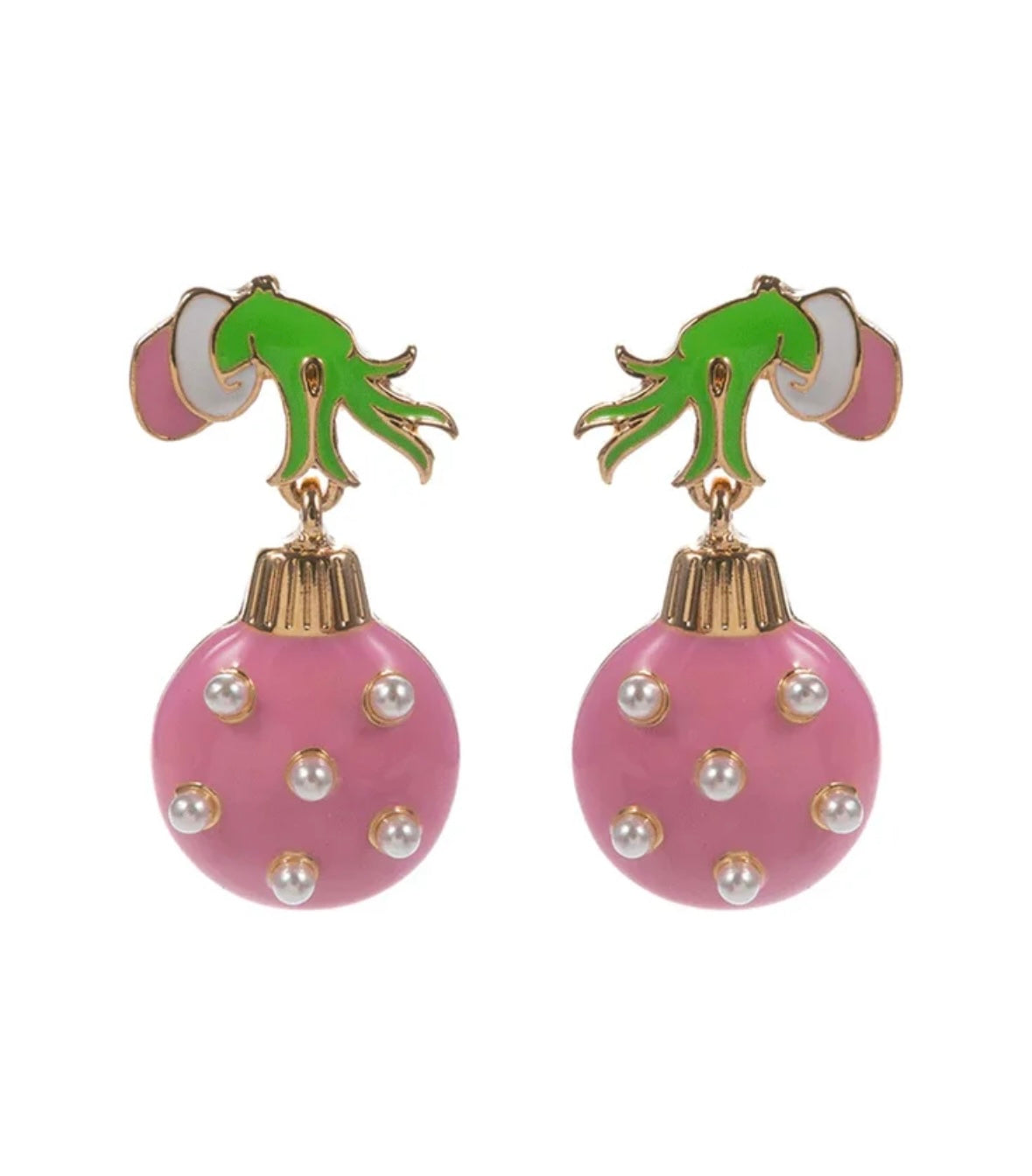 Grinch Hand w/ Pink Pearls Ornament Earrings