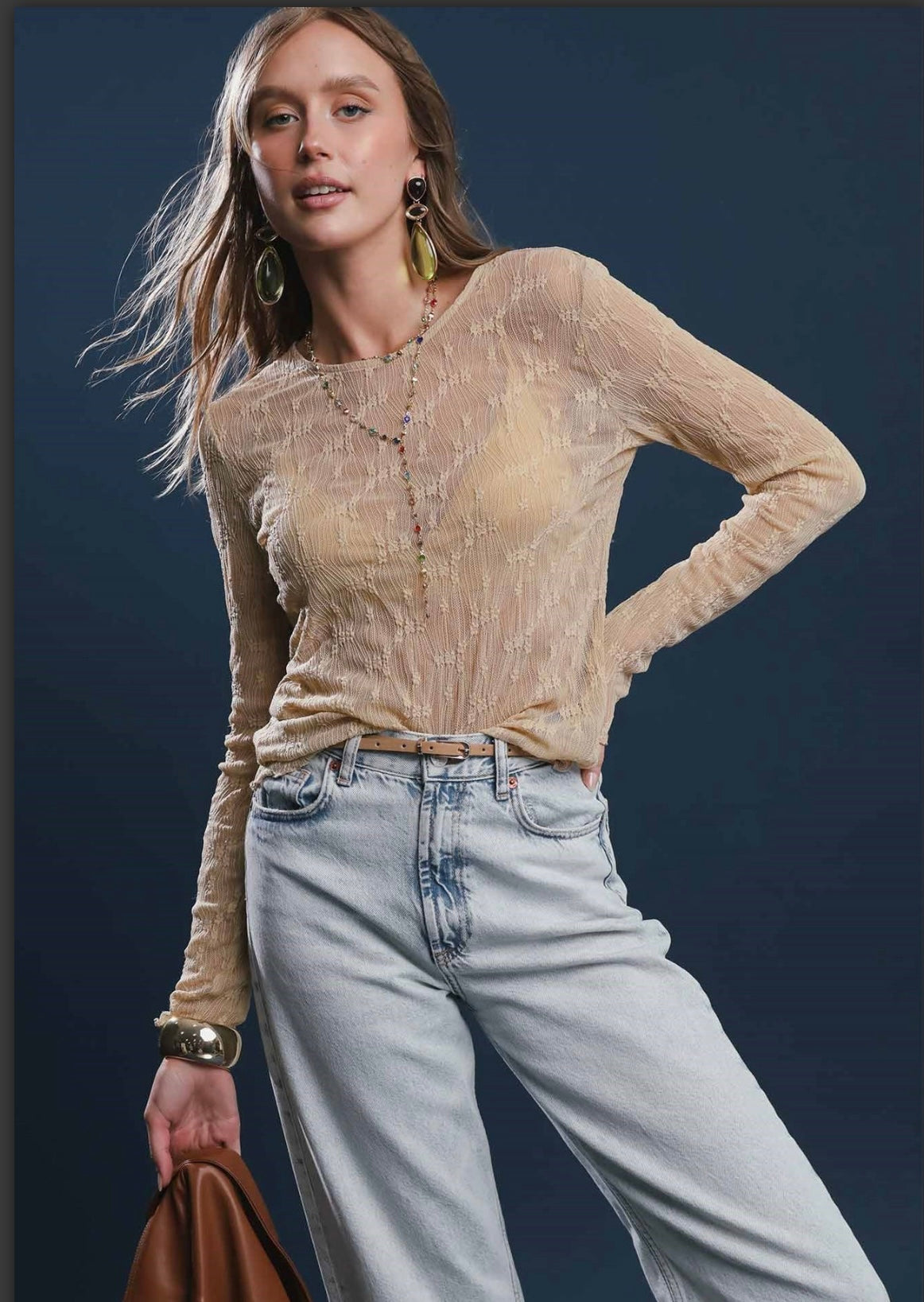 Lace Textured Long Sleeve Top
