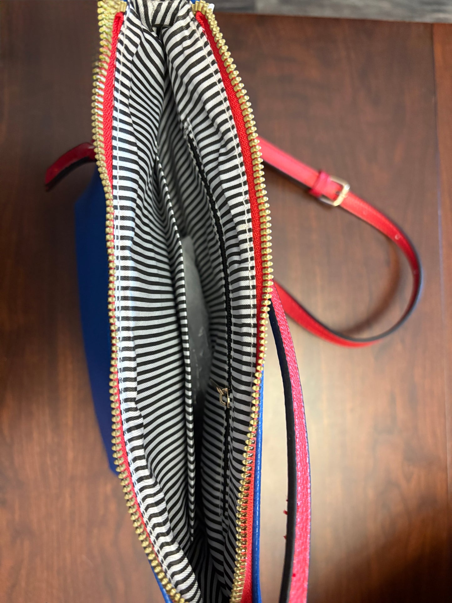 Royal Blue Handbag with Red Strap and Zipper