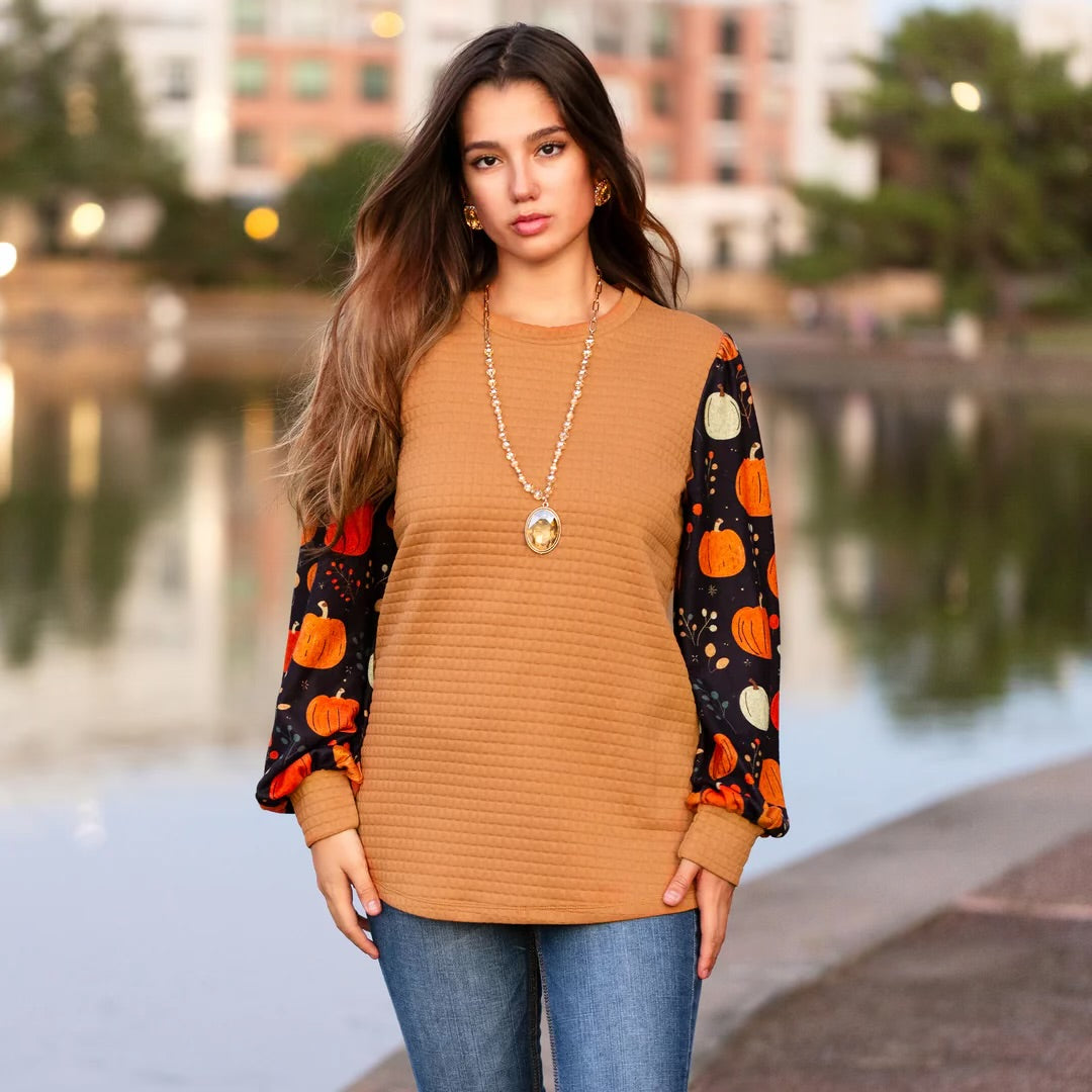 Tan with Pumpkin Long Sleeves