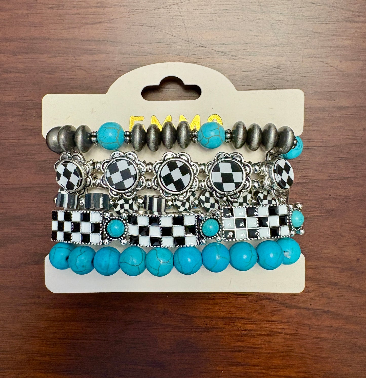 Black and White Checkered Turquoise Beaded Bracelet Stack