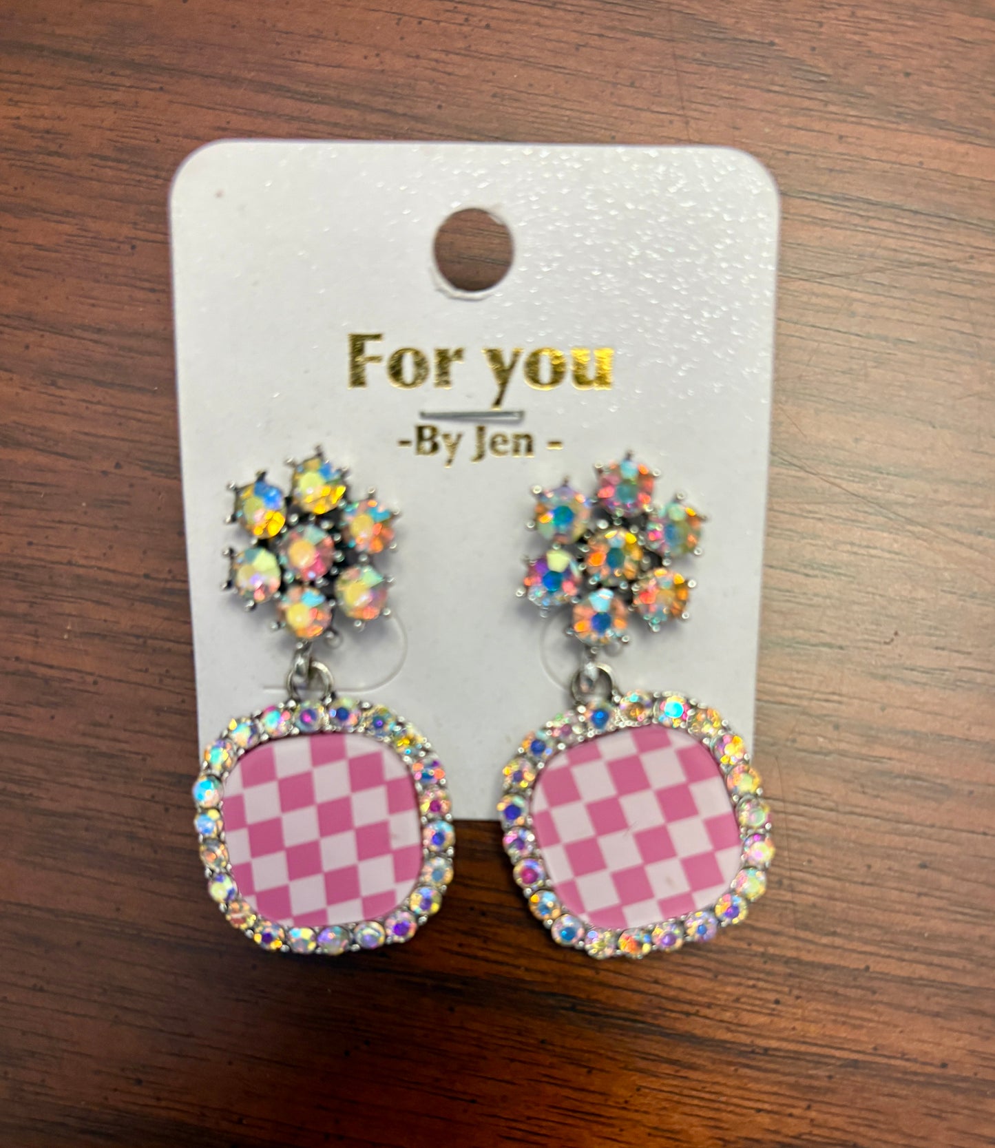 Pink Crystal Checkered Earrings - Pink & White