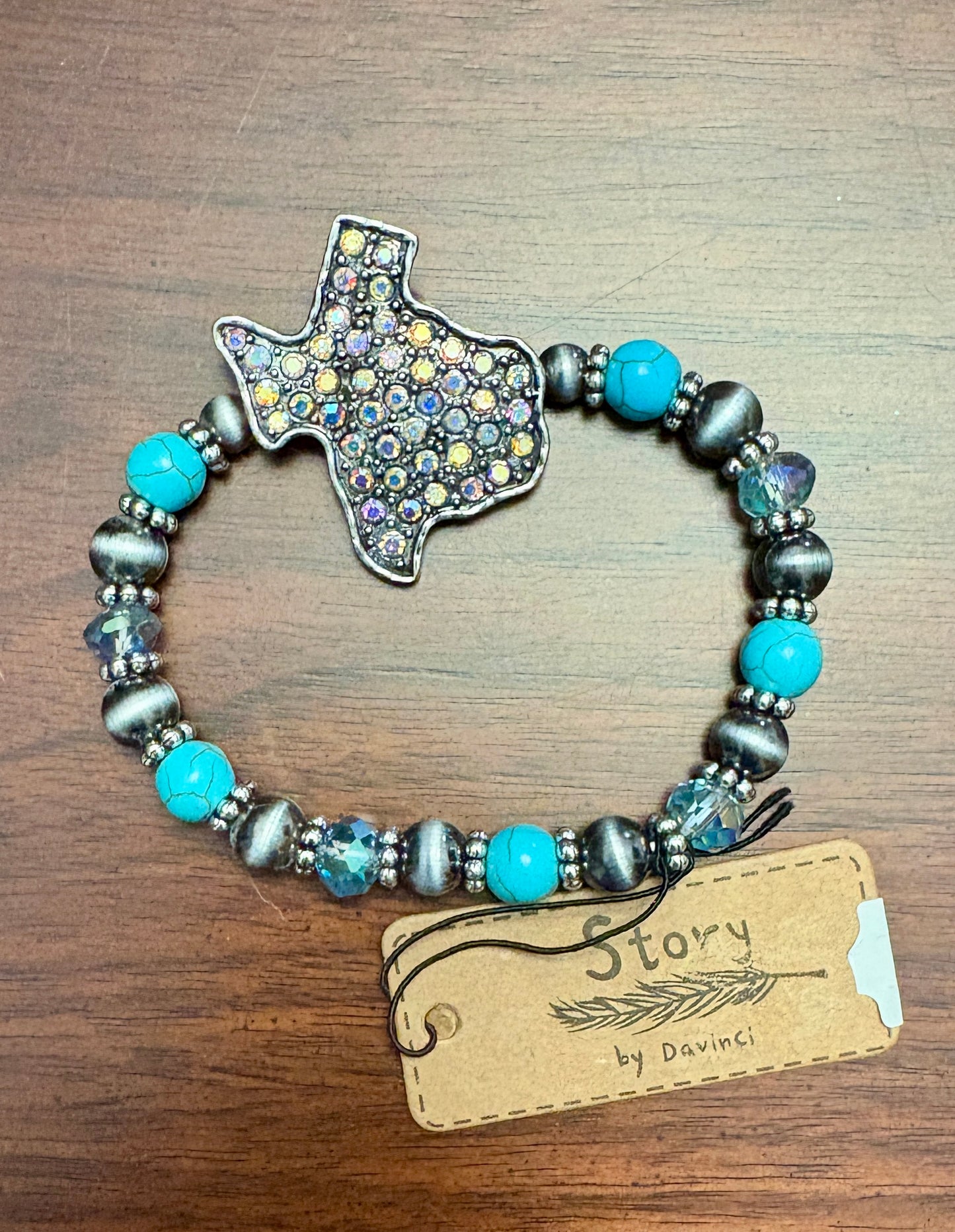 Turquoise and Silver Beaded Bracelet with Texas Charm