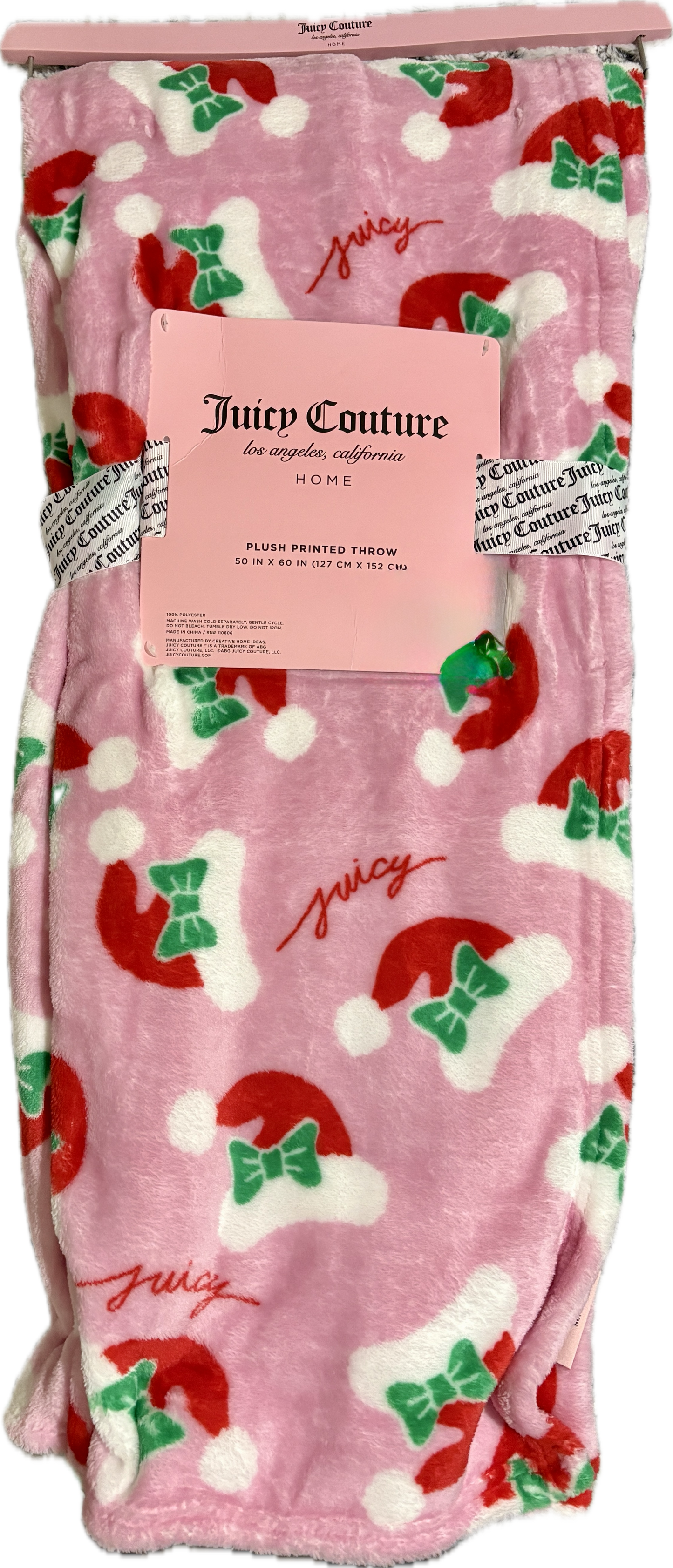 Juicy Couture Pink Christmas Blanket with Santa Hats