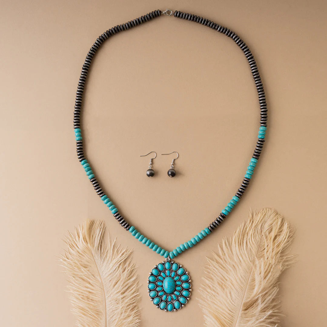 Silver & Turquoise Beaded Concho Necklace with Earrings