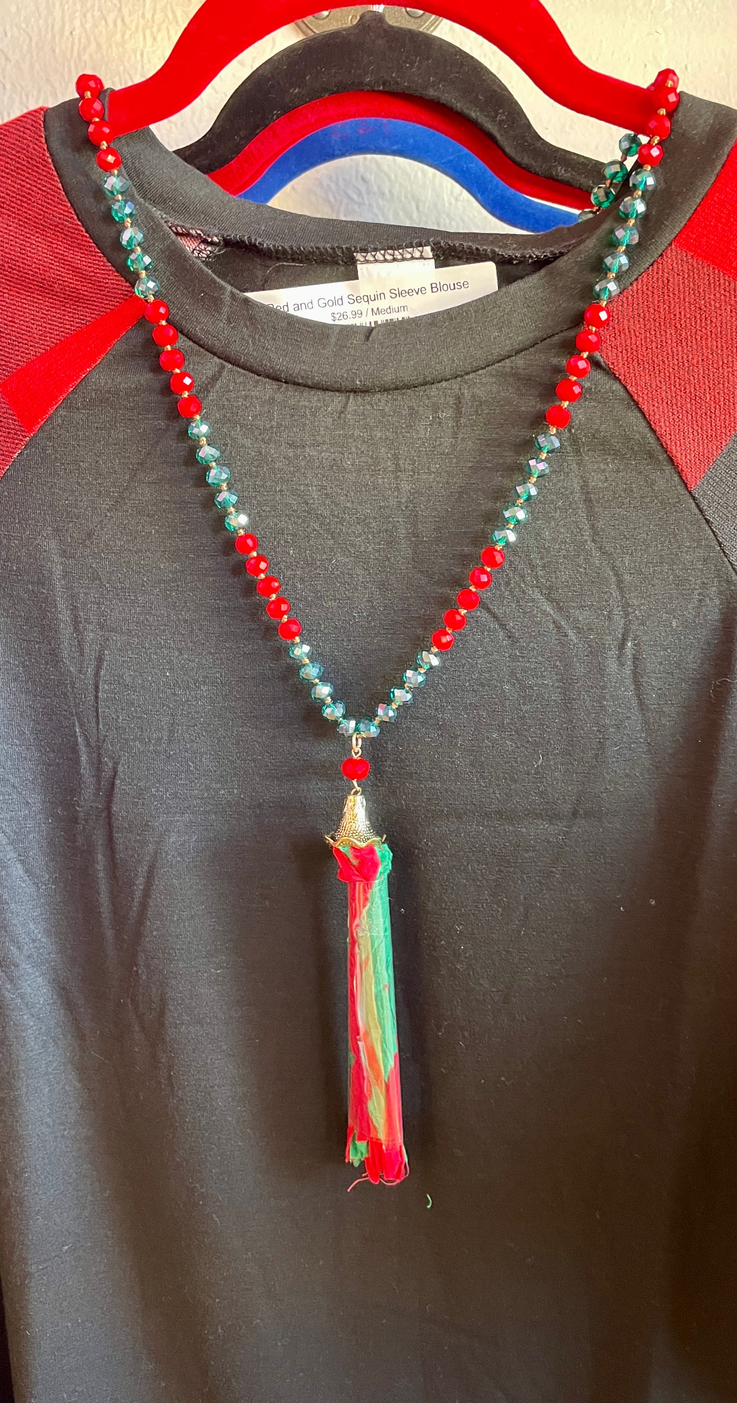 Christmas Red & Green Beaded Tassel Necklace