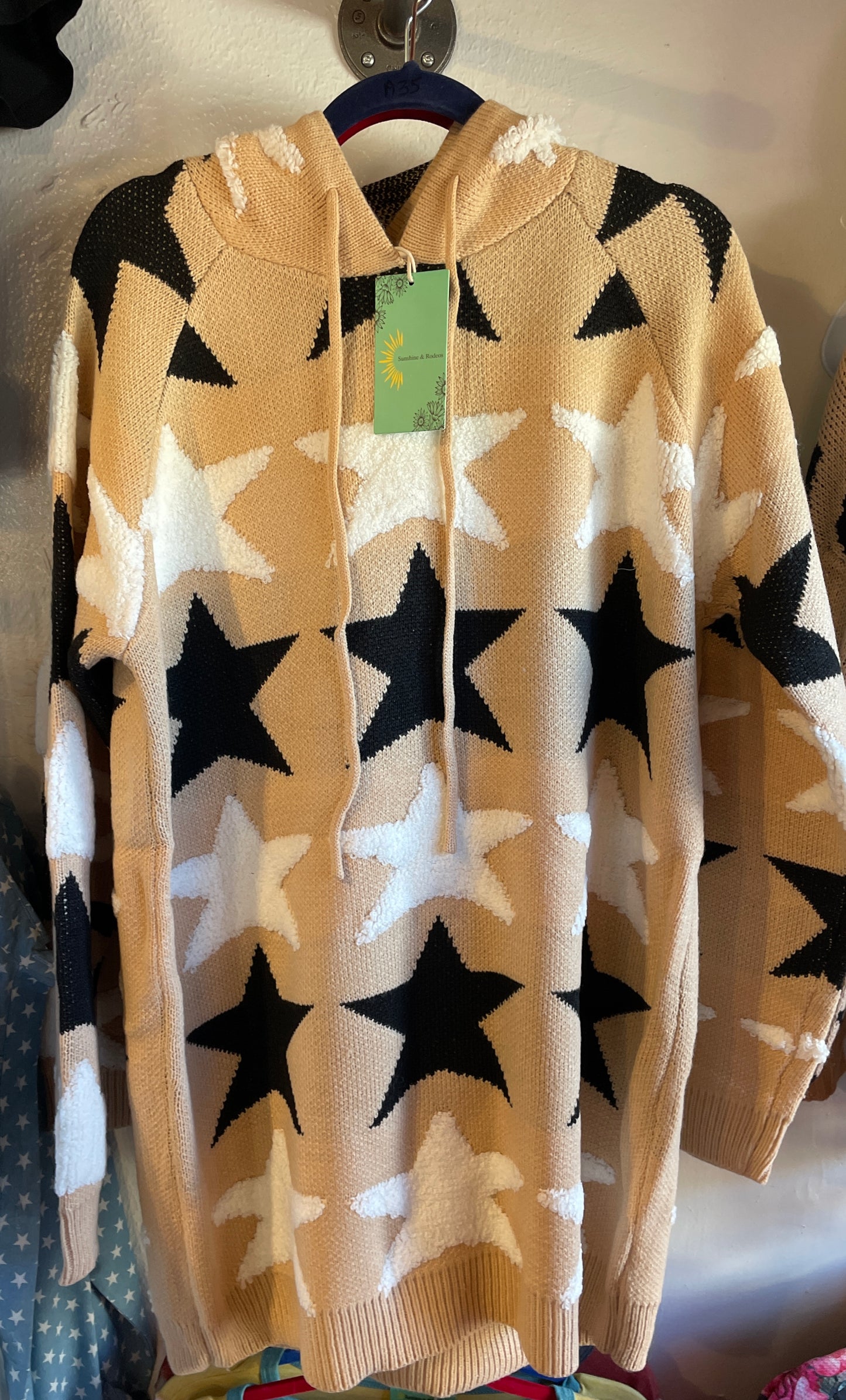 Tan Sweater with Black and White Stars and Hoodie