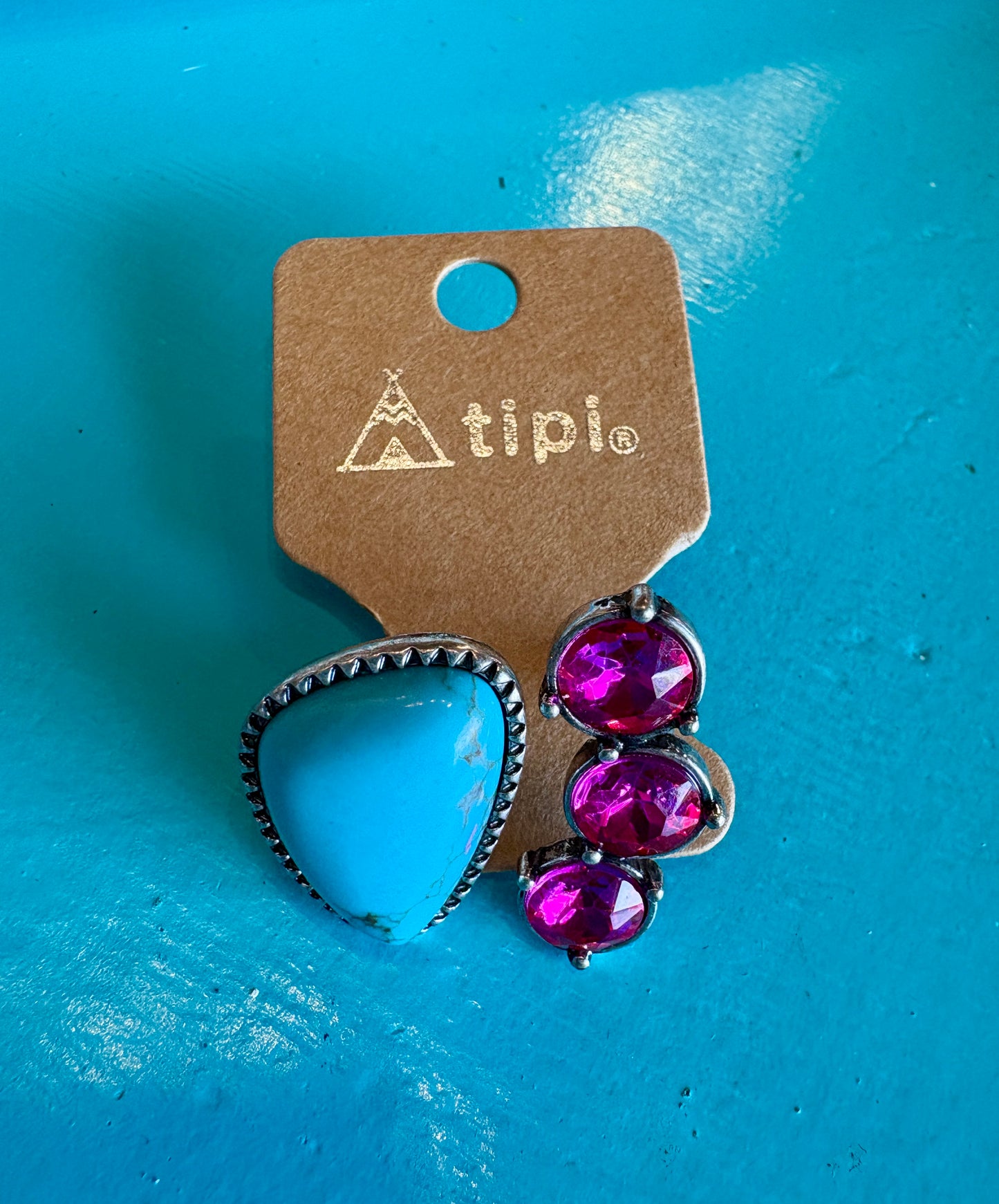 Turquoise and Pink AB Stone Adjustable Ring
